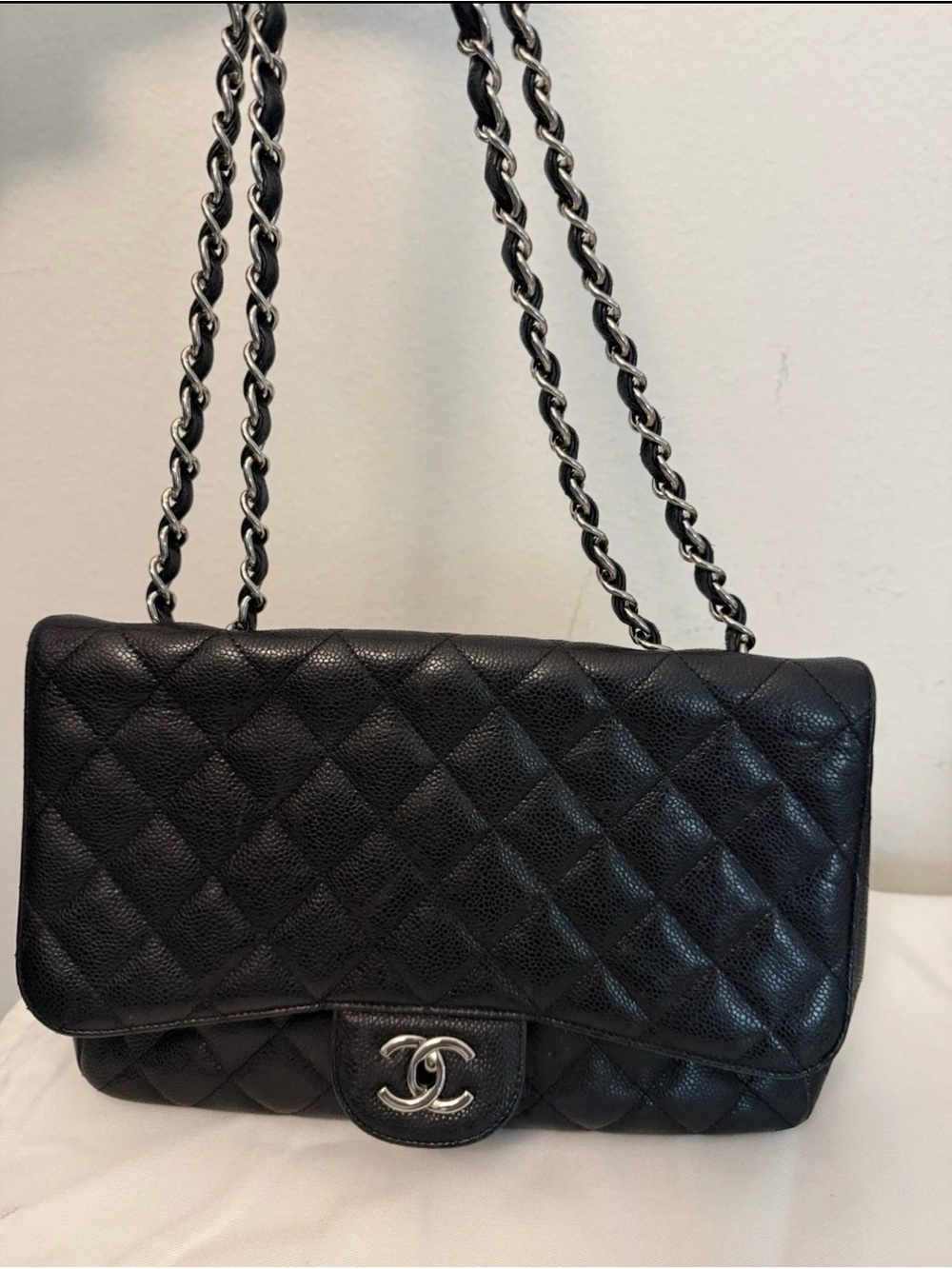 CHANEL Black Quilted classic Flap Shoulder Bag with Silver Chain (Jumbo)